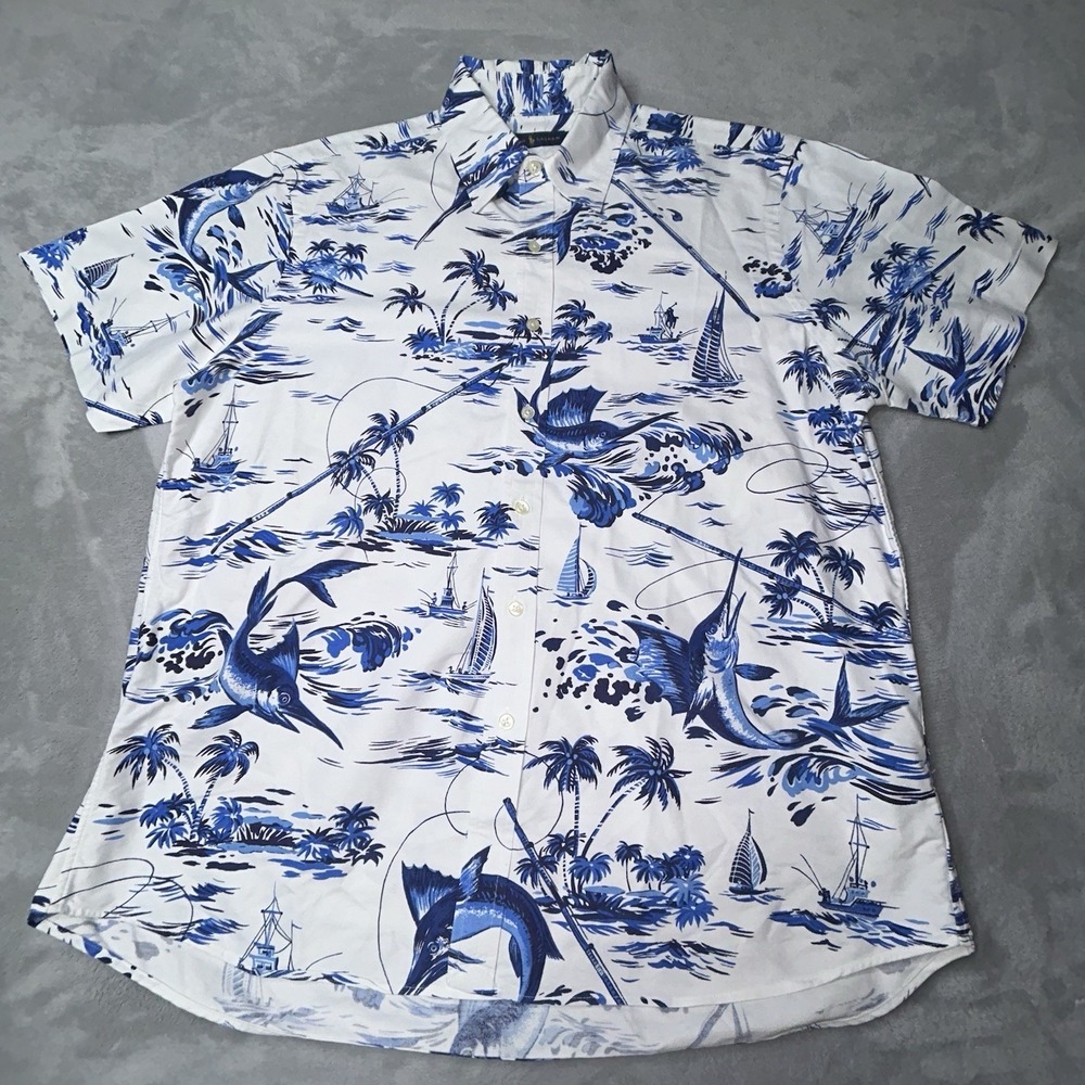 Ralph Lauren Polo Shirt Mens L Blue White Nautical Marlin Hawaiian Button Up